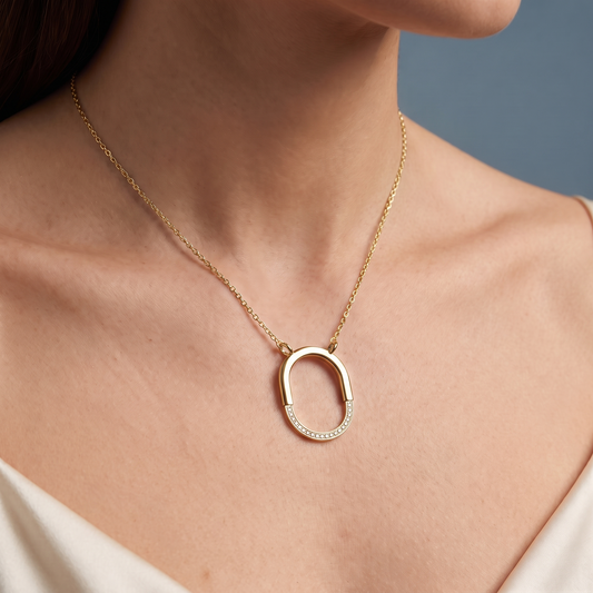 10KT Yellow Gold Open Oval Diamond Pendant - Close-up