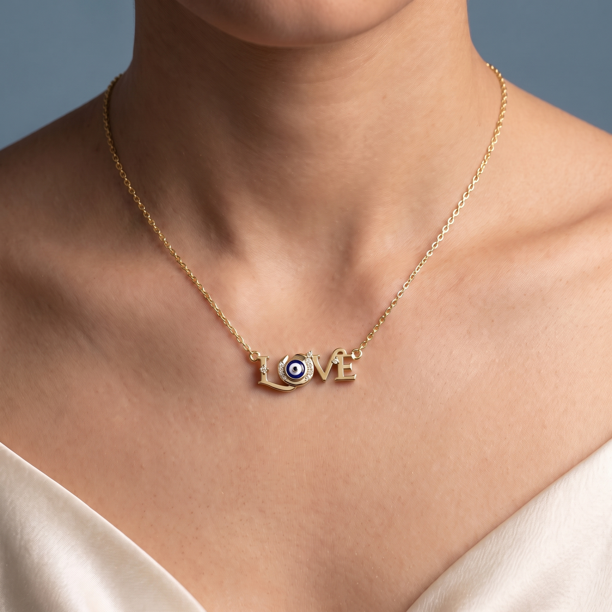 14KT Yellow Gold Love Evil Eye Diamond Pendant - Close-up
