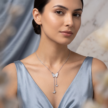 Silver Butterfly Dangling Chain Diamond Pendant - Beauty