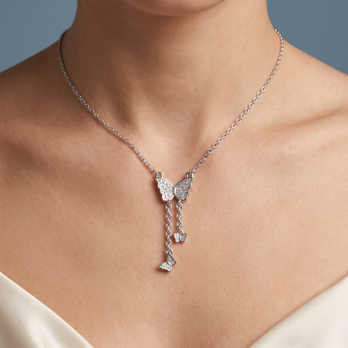 Silver Butterfly Dangling Chain Diamond Pendant - Close-up