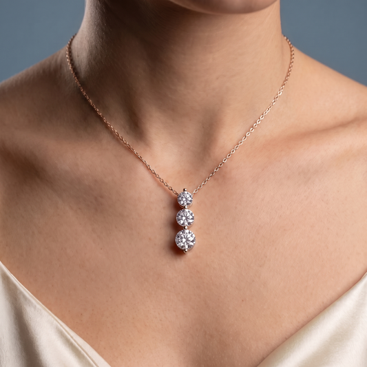 14KT Rose Gold Graduated Three Stone Diamond Drop Necklace - Close-up