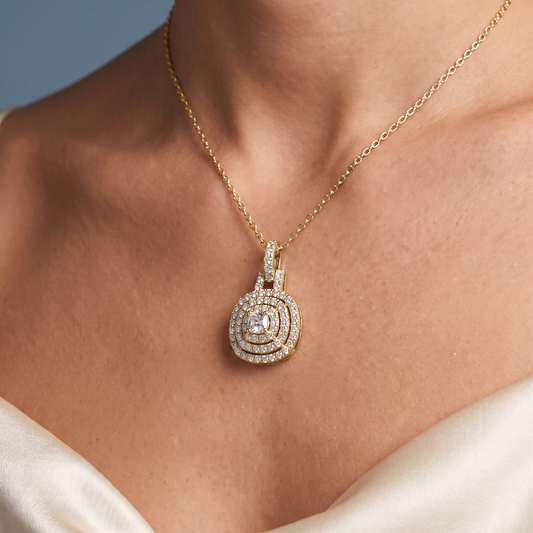 10KT Yellow Gold Cushion Cut Diamond Double Halo Pendant - Close-up