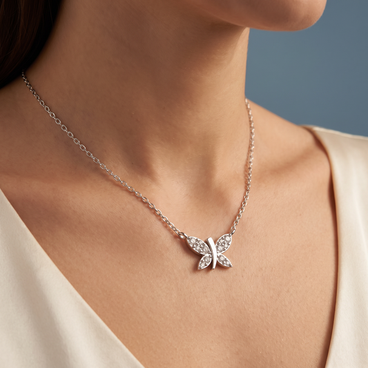 14KT White Gold Butterfly Wing Diamond Pendant - Close-up