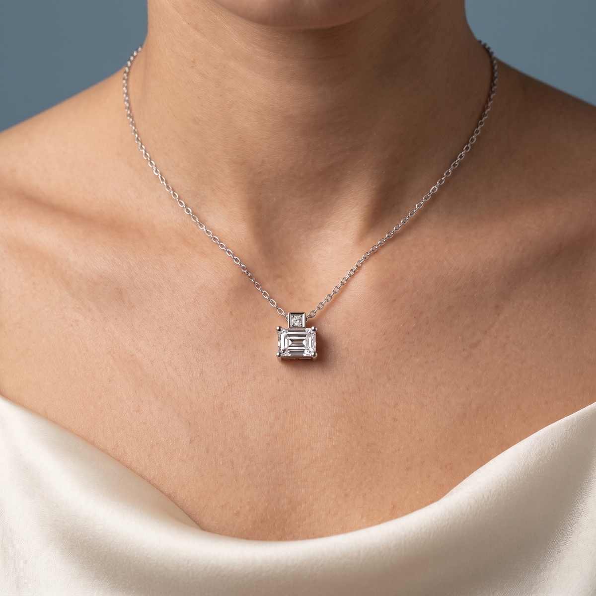 14KT White Gold Emerald Cut Diamond Accent Pendant - Close-up