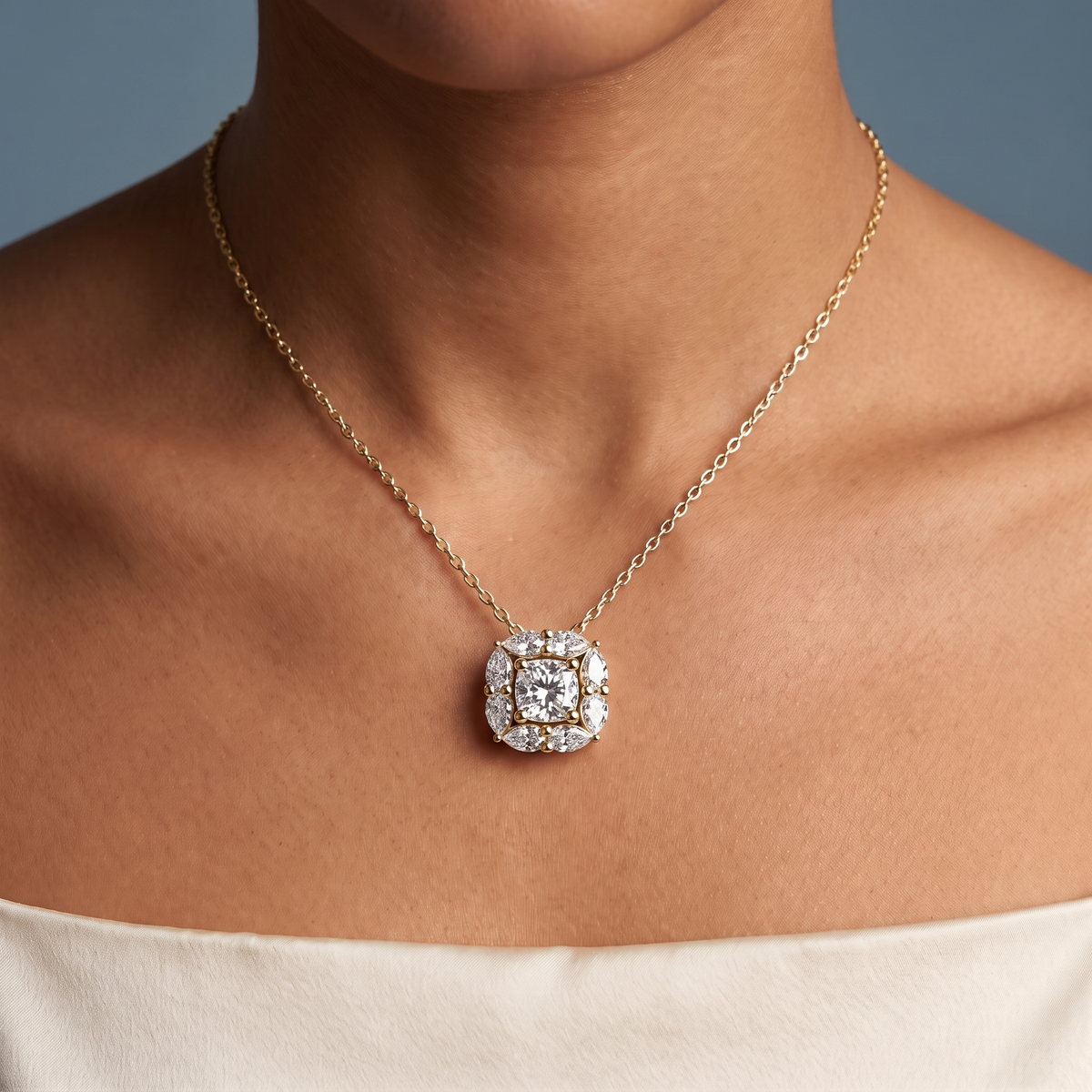 10KT Yellow Gold Cushion Cut Diamond Floral Halo Pendant - Close-up