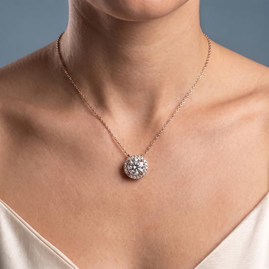 14KT Rose Gold Classic Round Diamond Halo Pendant - Close-up