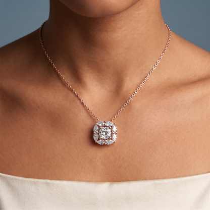 14KT Rose Gold Cushion Cut Diamond Floral Halo Pendant - Close-up