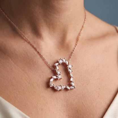 14KT Rose Gold Mixed Shape Open Heart Diamond Pendant - Close-up