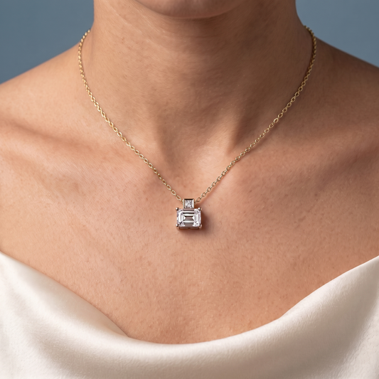 14KT Yellow Gold Emerald Cut Diamond Accent Pendant - Close-up