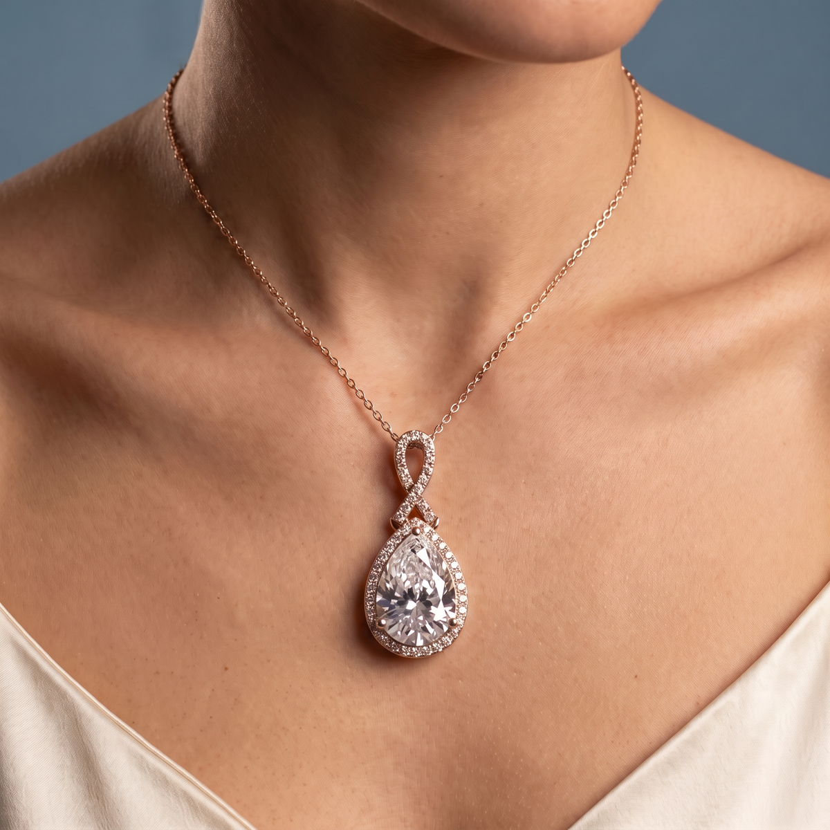 10KT Rose Gold Pear Diamond Halo Infinity Bail Pendant - Close-up