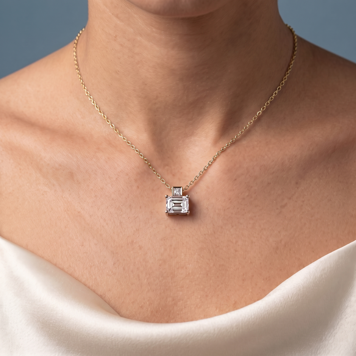 10KT Yellow Gold Emerald Cut Diamond Accent Pendant - Close-up