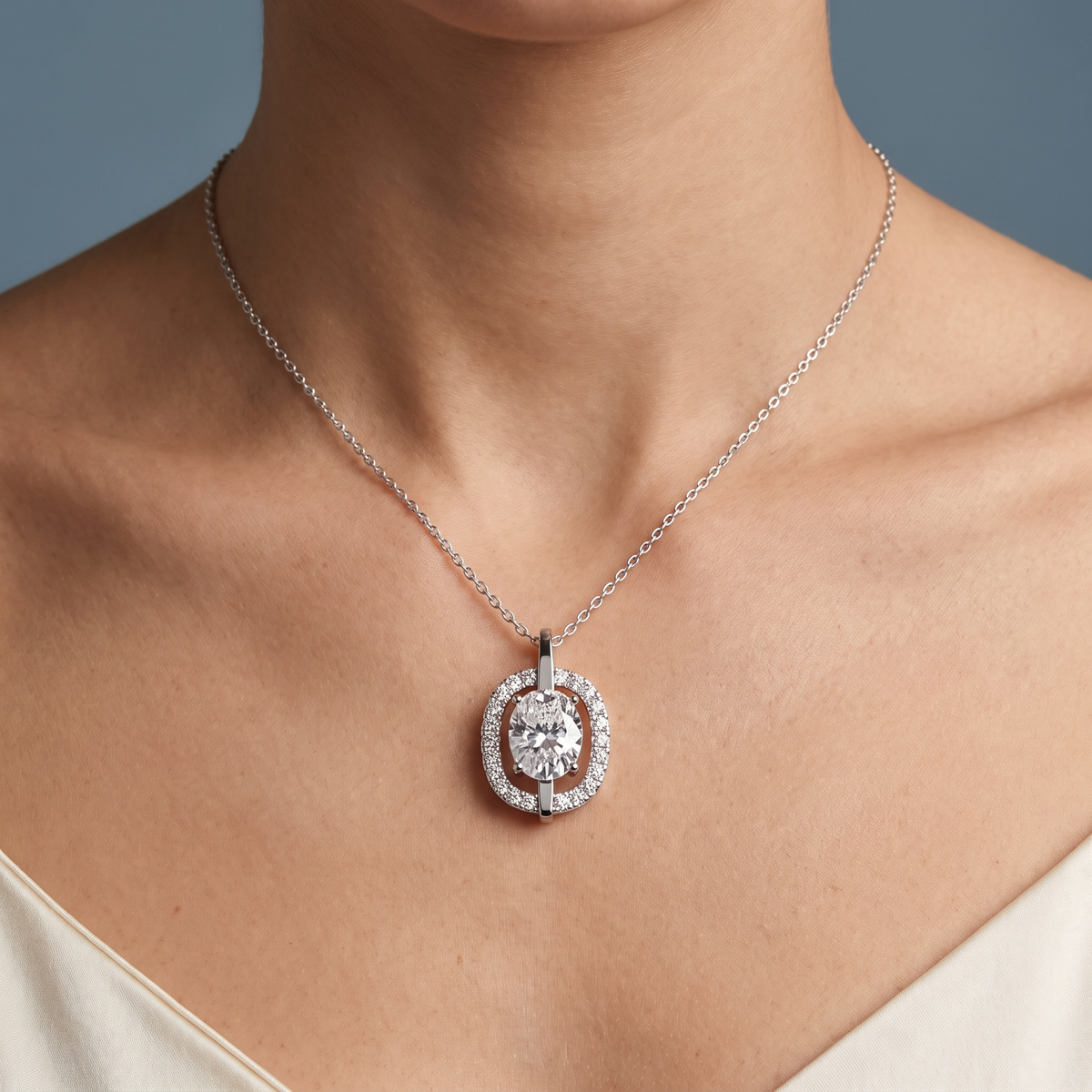 Silver Oval Diamond Halo Vertical Bail Pendant - Close-up