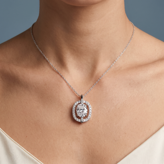 14KT White Gold Oval Diamond Halo Vertical Bail Pendant - Close-up