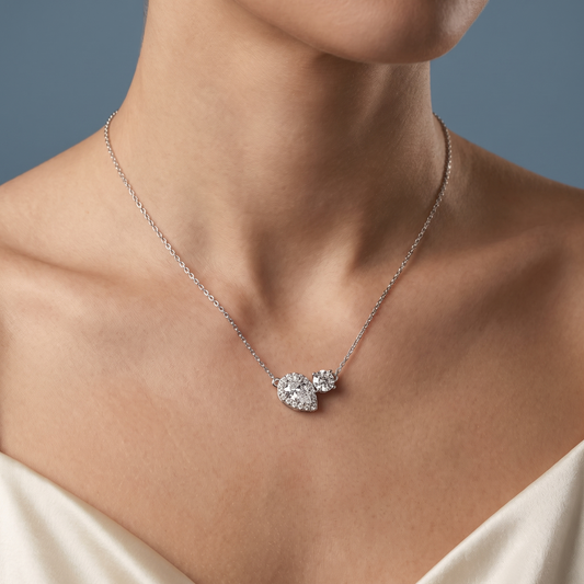 Silver Pear Halo Round Two Stone Diamond Pendant - Close-up