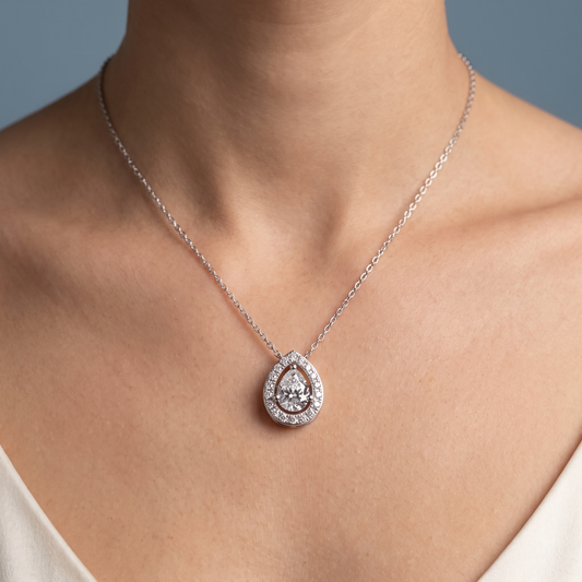 10KT White Gold Pear Diamond Delicate Halo Pendant - Close-up