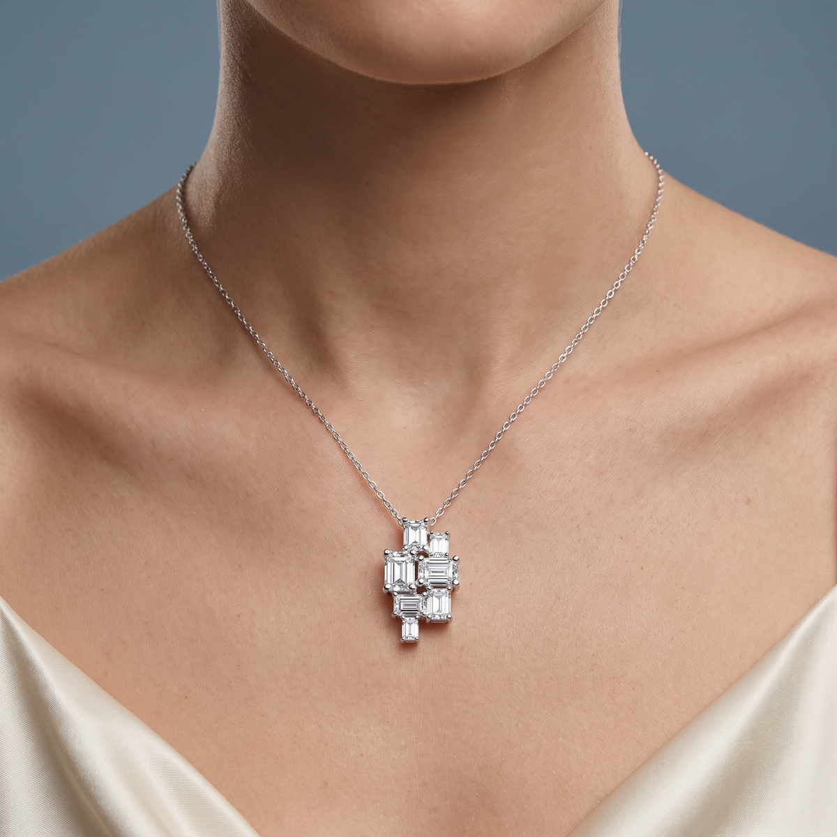 10KT White Gold Seven Stone Emerald Cut Diamond Cluster Pendant - Close-up