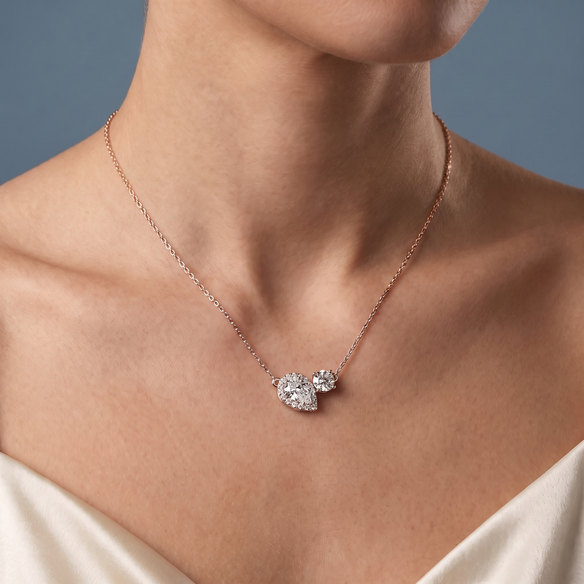 10KT Rose Gold Pear Halo Round Two Stone Diamond Pendant - Close-up