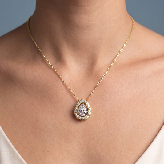 14KT Yellow Gold Pear Diamond Delicate Halo Pendant - Close-up
