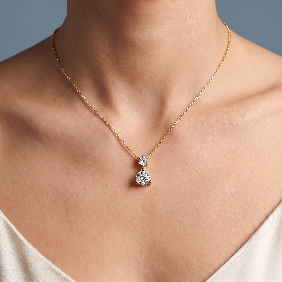 14KT Yellow Gold Round Two Stone Drop Diamond Pendant - Close-up