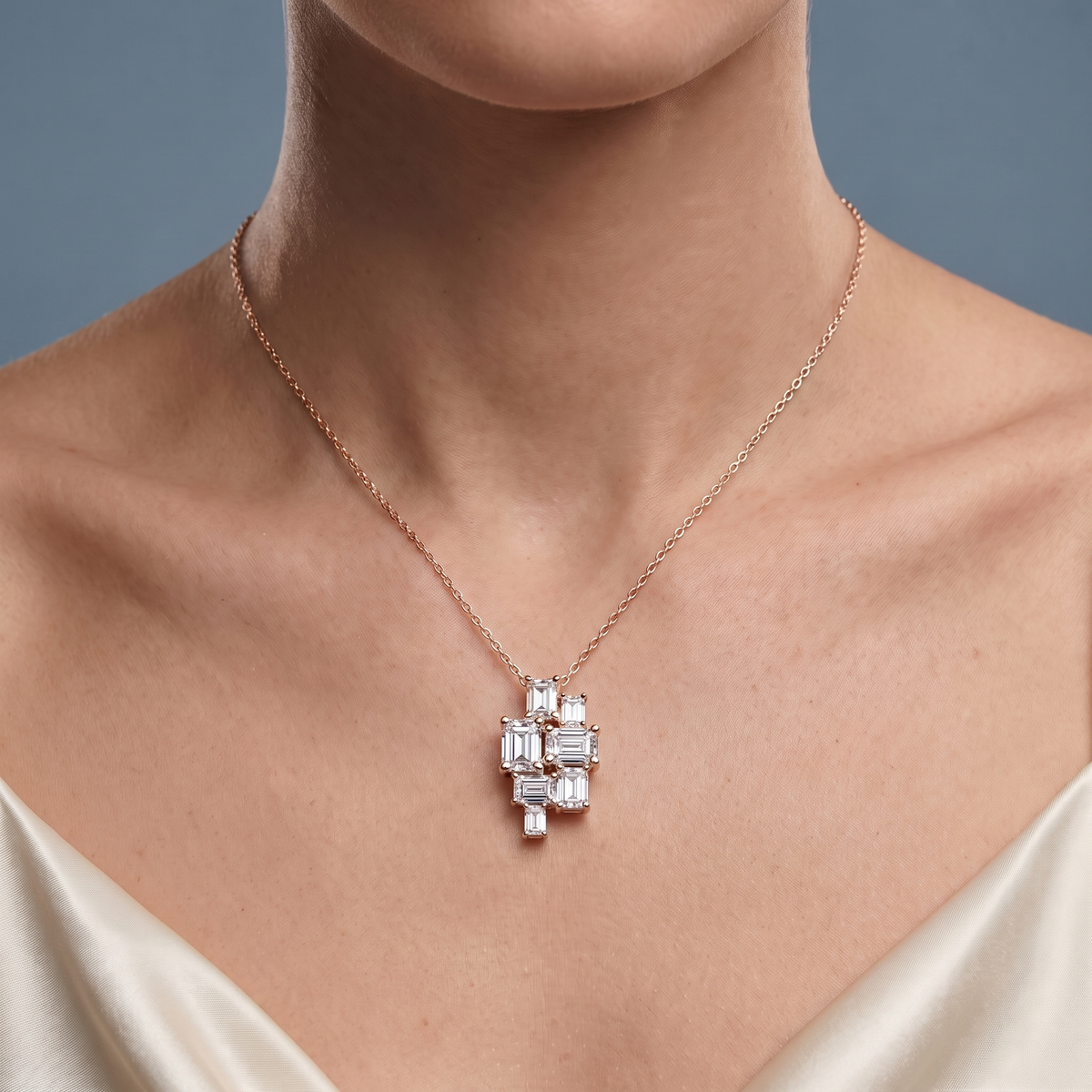 14KT Rose Gold Seven Stone Emerald Cut Diamond Cluster Pendant - Close-up