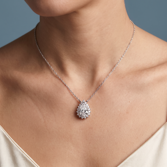 10KT White Gold Pear Diamond Sparkling Halo Pendant - Close-up
