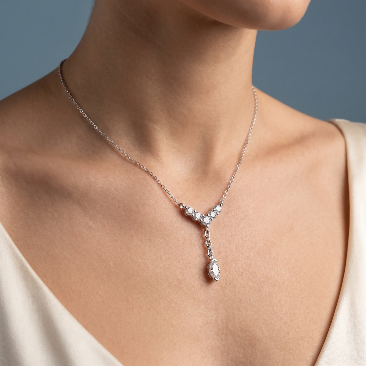 10KT White Gold Y Style Marquise Drop Diamond Necklace - Close-up