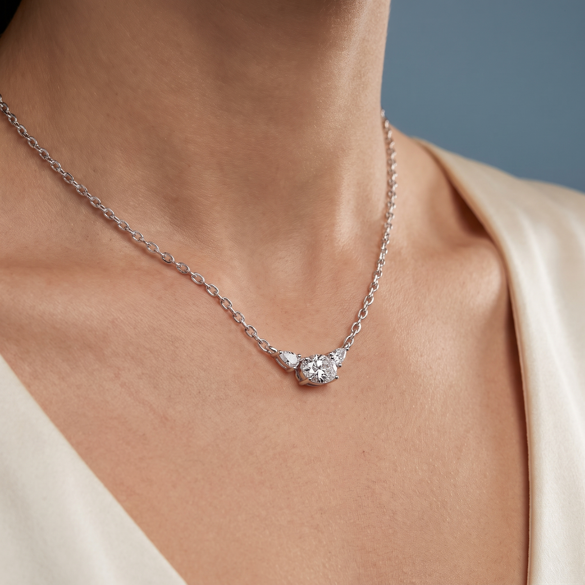 Platinum Oval Pear Three Stone Diamond Pendant - Close-up