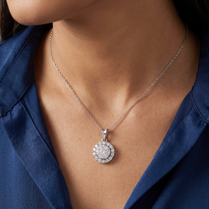 Platinum Round Diamond Cluster Halo Pendant - Close-up