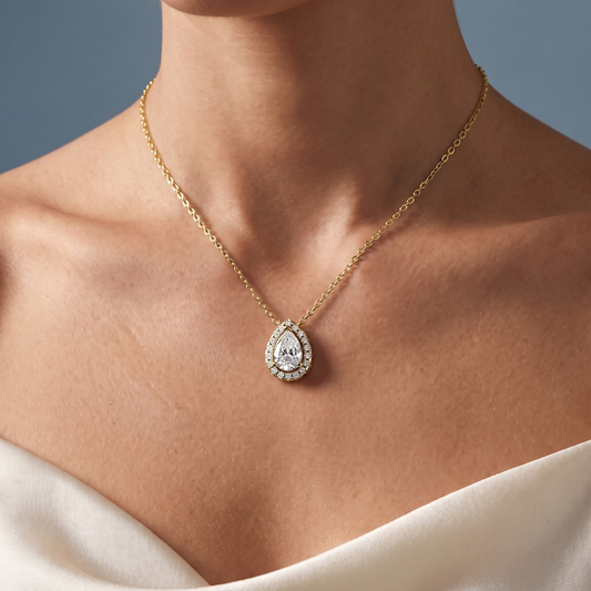 10KT Yellow Gold Pear Diamond Structured Halo Pendant - Close-up