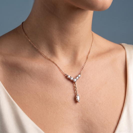 14KT Rose Gold Y Style Marquise Drop Diamond Necklace - Close-up