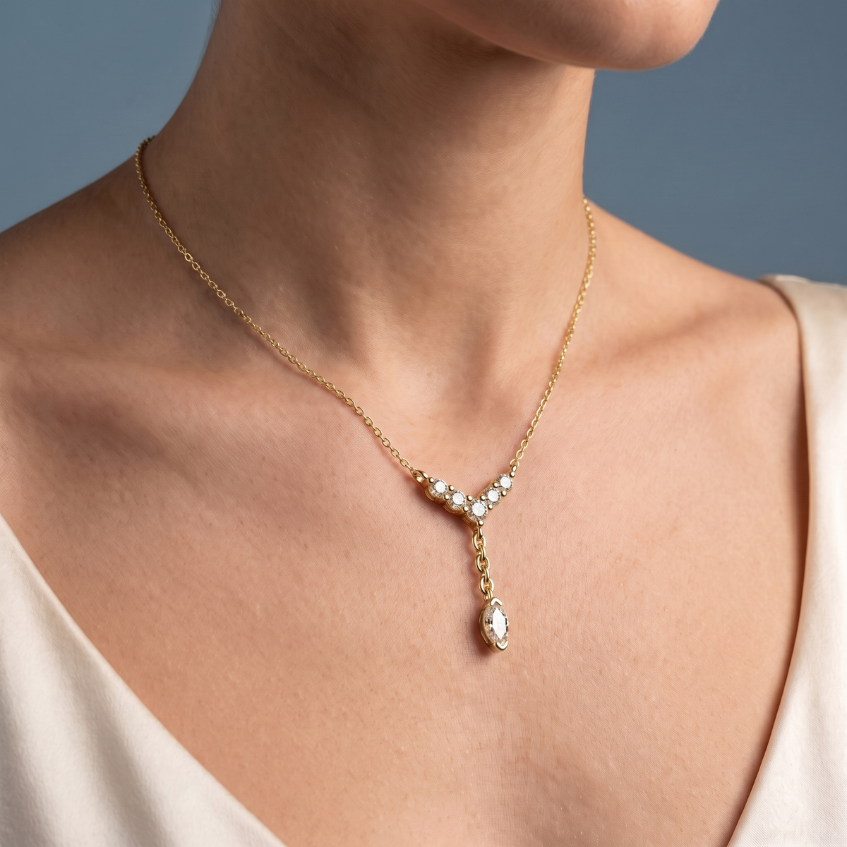 14KT Yellow Gold Y Style Marquise Drop Diamond Necklace - Close-up