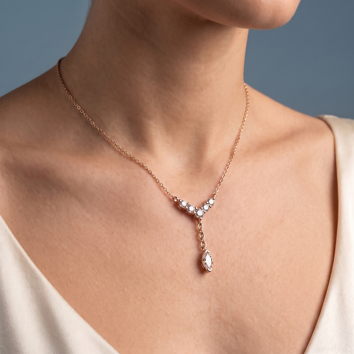 10KT Rose Gold Y Style Marquise Drop Diamond Necklace - Close-up