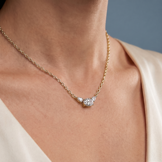 10KT Yellow Gold Oval Pear Three Stone Diamond Pendant - Close-up