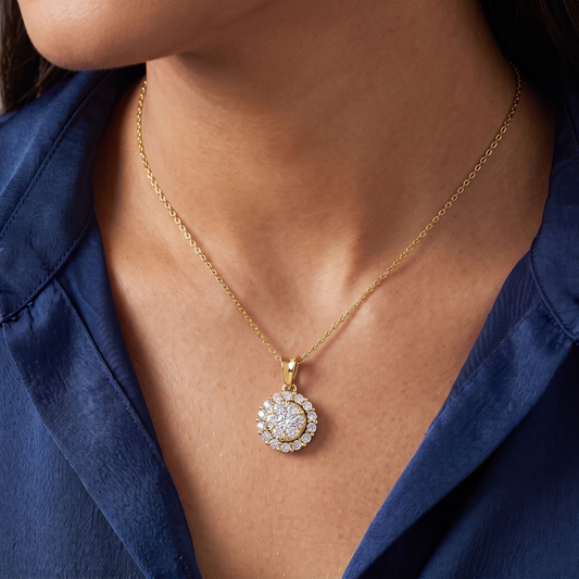 14KT Yellow Gold Round Diamond Cluster Halo Pendant - Close-up