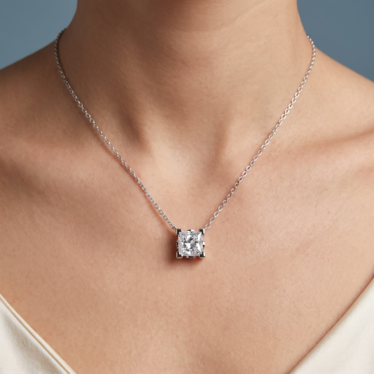 14KT White Gold Princess Cut Diamond Corner Prong Pendant - Close-up