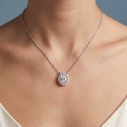 14KT White Gold Oval Diamond Accent Halo Pendant - Close-up
