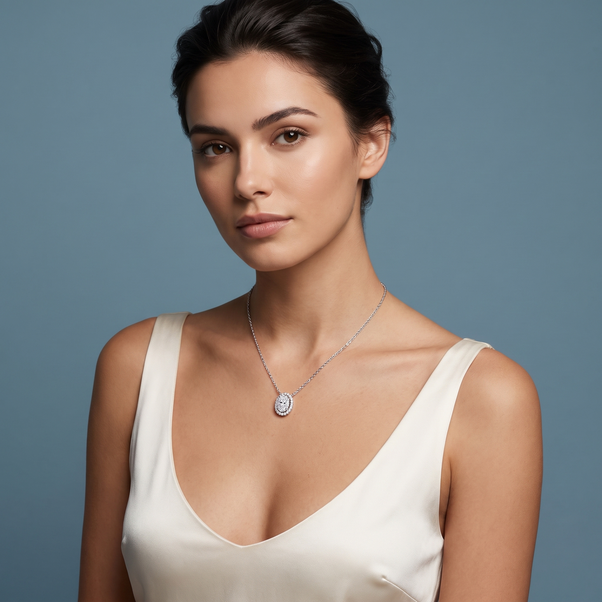 Platinum Oval Diamond Accent Halo Pendant - Beauty