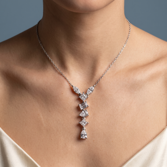 14KT White Gold Mixed Shape Vertical Drop Diamond Pendant - Close-up