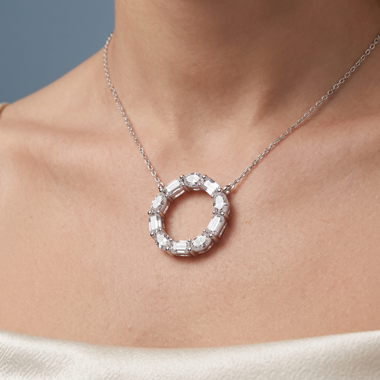 10KT White Gold Oval Emerald Open Circle Diamond Pendant - Close-up