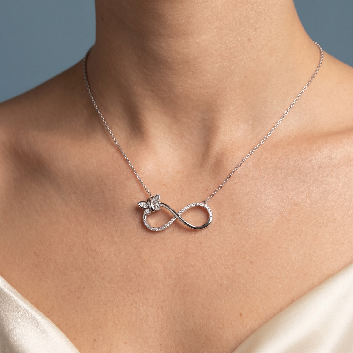 Silver Infinity Butterfly Diamond Pendant - Close-up