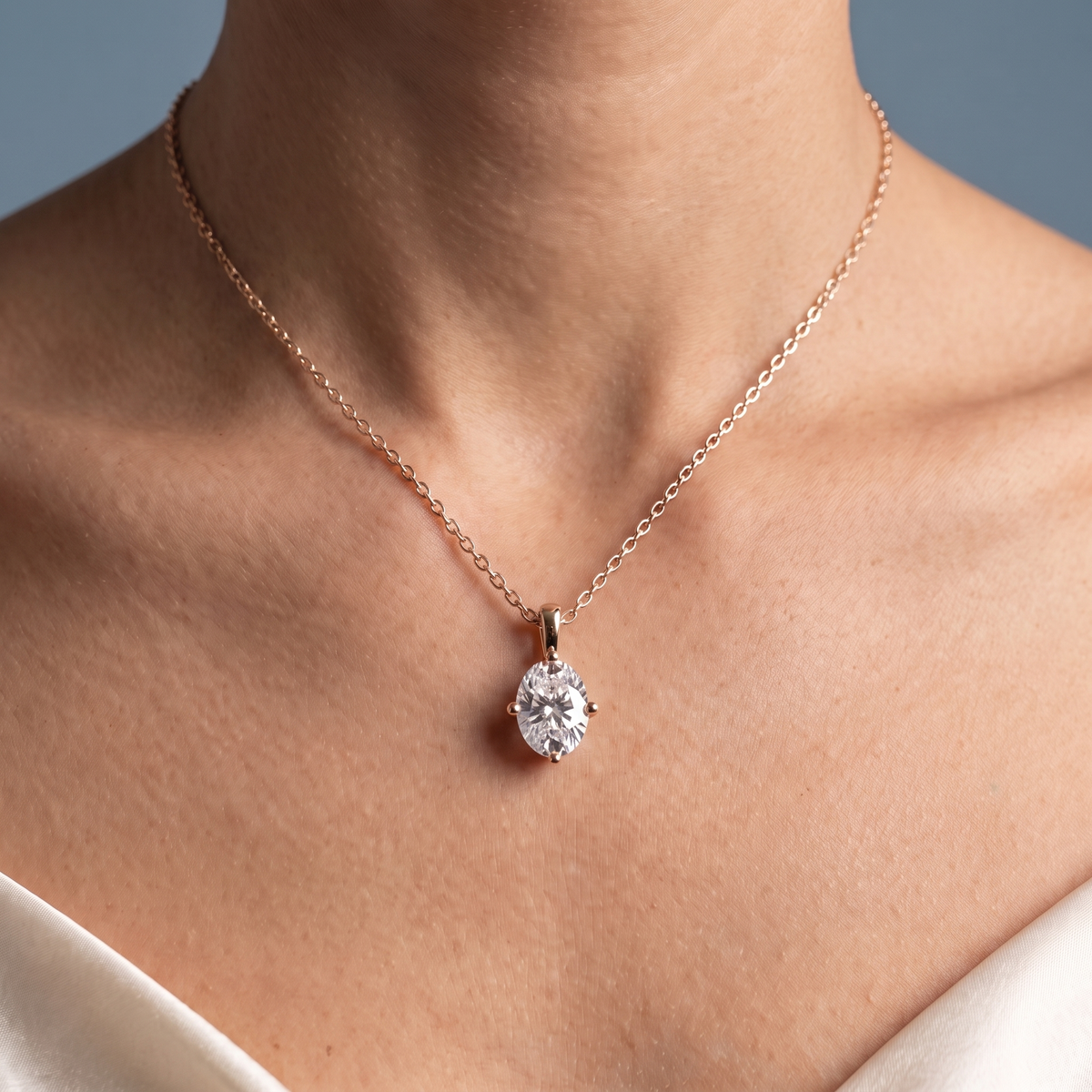 14KT Rose Gold Oval Cut Diamond Solitaire Pendant - Close-up