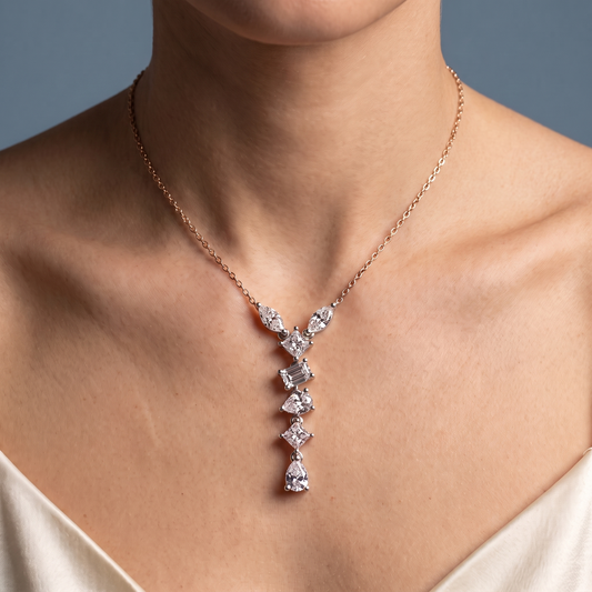 14KT Rose Gold Mixed Shape Vertical Drop Diamond Pendant - Close-up