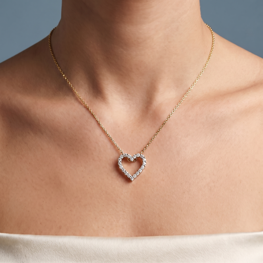 14KT Yellow Gold Open Heart Diamond Pendant - Close-up