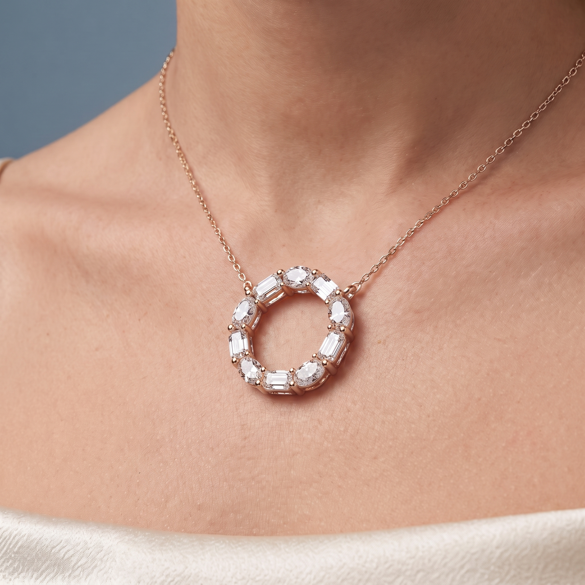 14KT Rose Gold Oval Emerald Open Circle Diamond Pendant - Close-up
