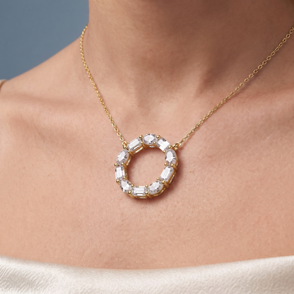 10KT Yellow Gold Oval Emerald Open Circle Diamond Pendant - Close-up