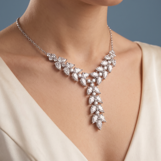 Platinum Layered Leaf Diamond Necklace - Close-up