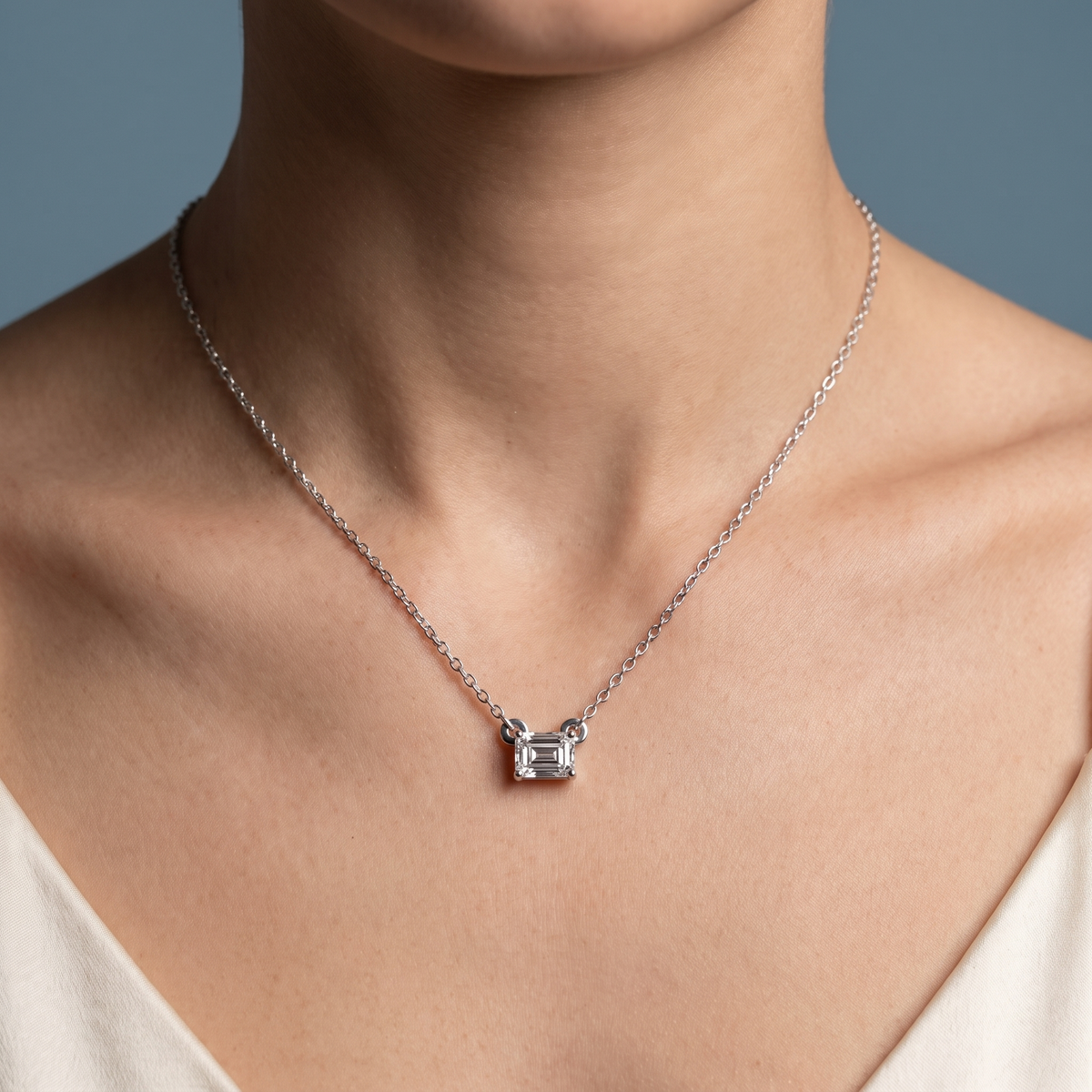 Silver Emerald Cut Diamond Solitaire Necklace - Close-up