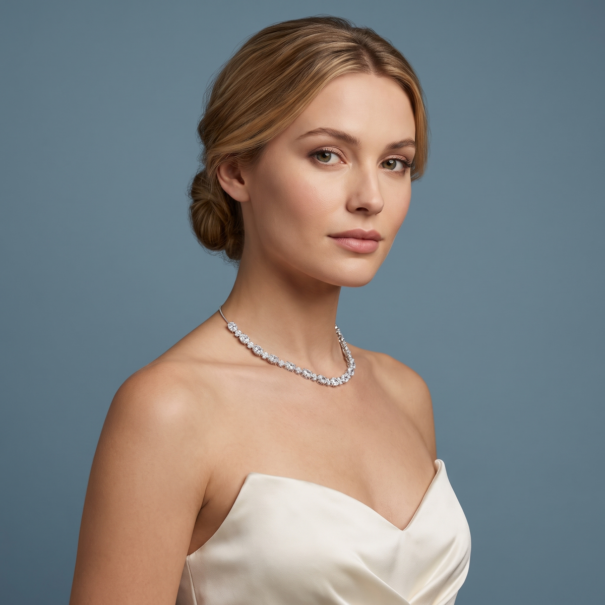 Silver Luxurious Oval Round Cut Line Diamond Necklace - Beauty