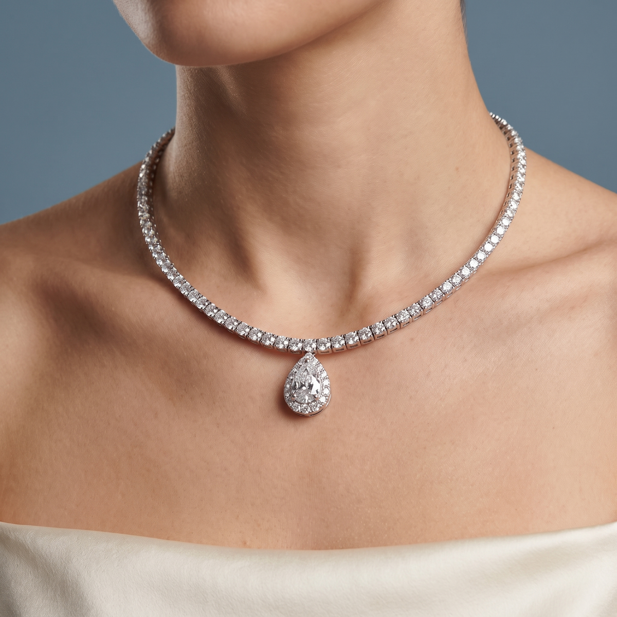 Silver Statement Teardrop Pear Round Sparkling Diamond Pendant Necklace - Close-up