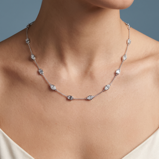 Silver Statement Emerald Marquise Cut Alternating Diamond Necklace - Close-up